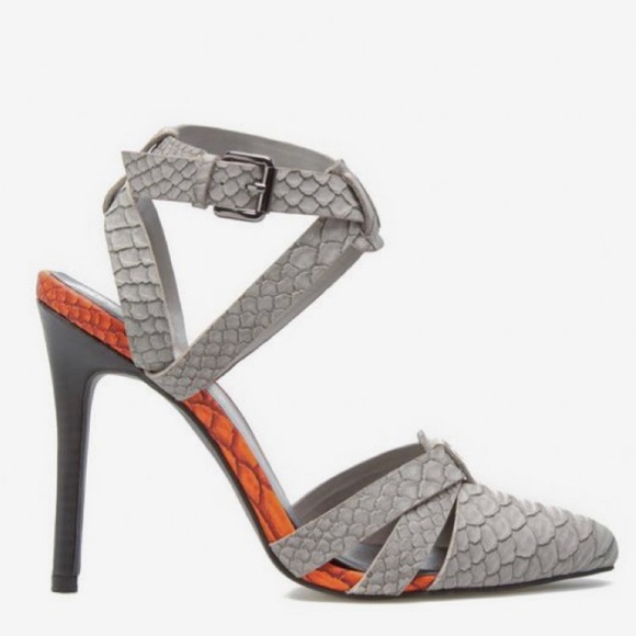 NWOT Paper Fox Grey Orange Snakeskin Pointy Toe Ankle Strap Heels Shoedazzle - Picture 4 of 13